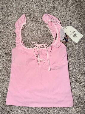 Pink Ruffle-Trim Tank Top with Front Tie